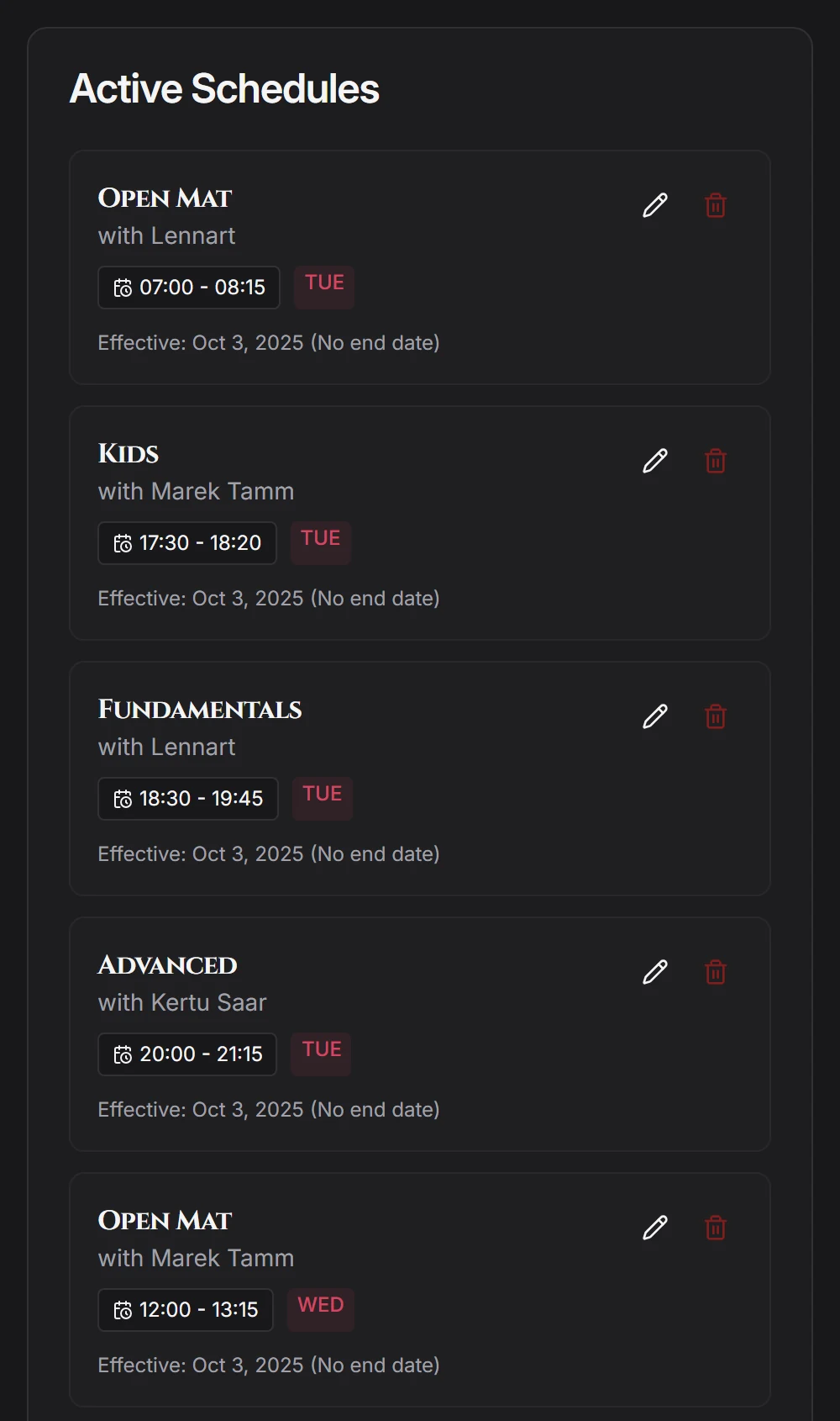 Active schedules list showing recurring classes with instructors, times and days